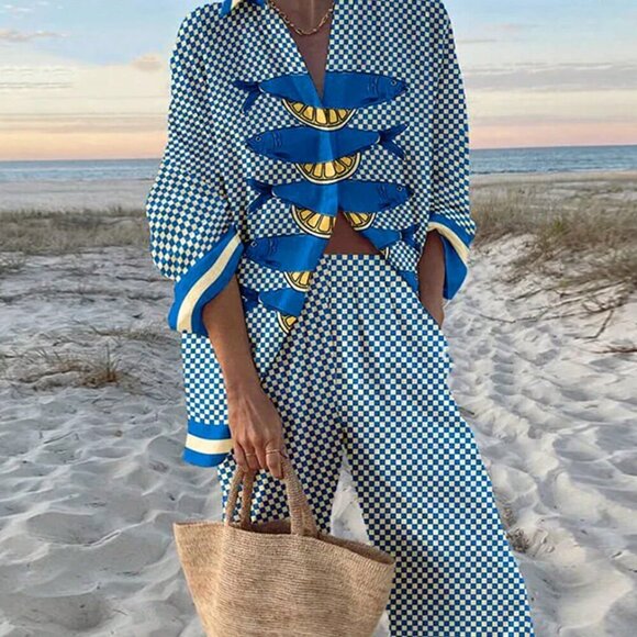 Blue & White Casual Women's Beach Oversized Plaid Long-Sleeved Shirt & Trousers - Picture 1 of 5